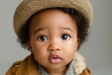 A baby with brown hair and a brown hat is looking at the camera