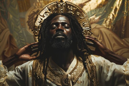 A man with dreadlocks and a gold cross on his head