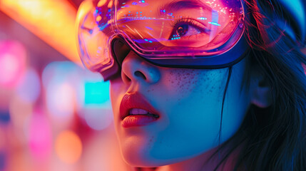 Beautiful fashionable woman in virtual reality glasses walking on the street, neon red and blue night light. generative ai