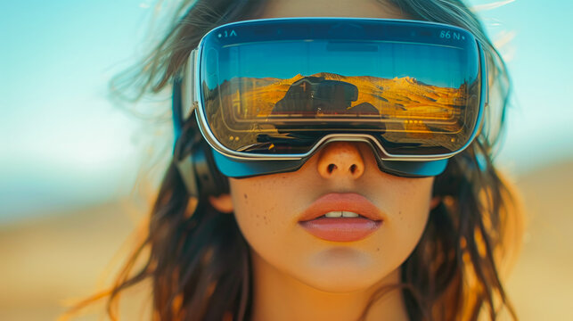 Beautiful portrait of a woman on the beach wearing virtual reality glasses, traveling and enjoying life. Futuristic world of virtual reality. generative ai