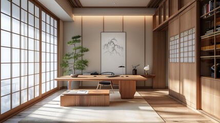 Japandi home office with a low desk shoji screens 