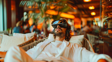 A stylishly dressed man in virtual reality glasses rests in a restaurant or hotel. Technologies of futuristic reality. generative ai