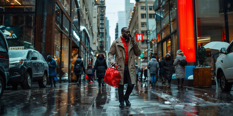 Obraz premium Man in trench coat walking in a snowy urban area with a red bag