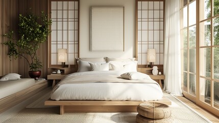 Naklejka na ściany i meble Japandi Inspired Bedroom Retreat Bedroom retreat with a white picture.