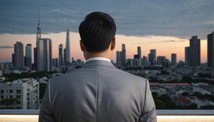 Back view of man in suit looking at buildings