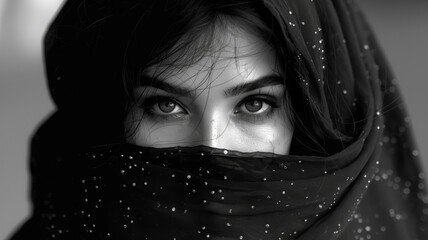 Naklejka premium Monochromatic close-up shot of eyes of a beautiful Arabic women looking mysterious