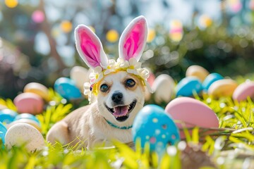 Dogs posing with Easter eggs and bunnies, playing joyfully in the spring sunshine, spreading happiness and festive cheer