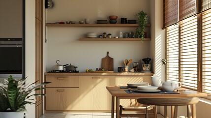Japandi Inspired Kitchen Nook Compact kitchen nook with dishes - obrazy, fototapety, plakaty