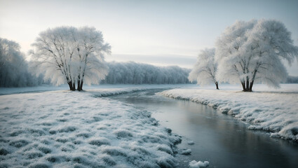 Wintry Landscape: Snowy River and Trees