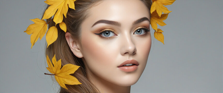 3D Autumn Fall Portrait Beauty fantasy woman face with yellow leaves and flowers