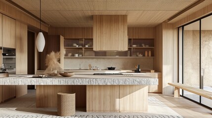 Fototapeta na wymiar Japandi kitchen with bamboo cabinets stone countertops