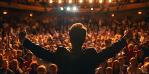 Enthusiastic crowd celebrates business success as speaker takes the stage at conference. Concept Business Success, Conference Celebrations, Enthusiastic Crowd, Motivational Speaker