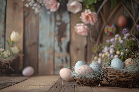 Vibrant Easter-themed background with colorful eggs, charming decorations, and festive plates, creating a cheerful and delightful atmosphere.
