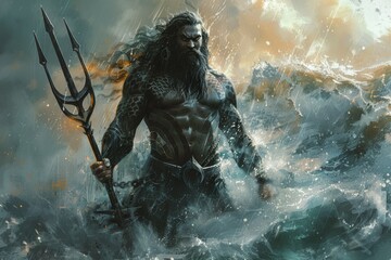 A man with a trident is standing in the ocean - obrazy, fototapety, plakaty