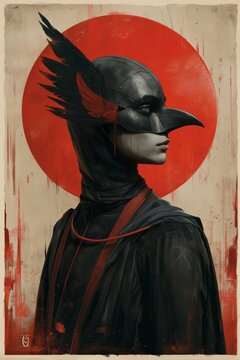 The fusion of human and crow creates a compelling image against the stark contrast of a red circle
