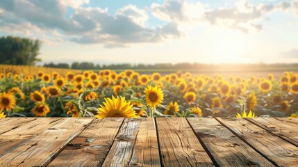 the empty wooden table top with blur background of sunflower field exuberant image generative ai
