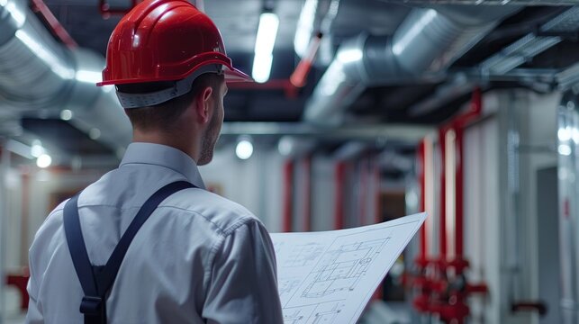 safety engineer with fire alarm system blueprint planning secure installations professional copy space