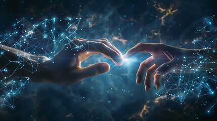 two hands reaching toward each other against a dark background. - obrazy, fototapety, plakaty