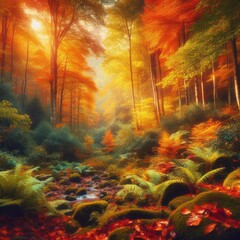 Scenic view of a colorful autumn forest with vibrant foliage and fallen leaves.