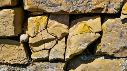 a close up of a rock wall with yellow moss growing between it and another rock wall with yellow moss growing between it.