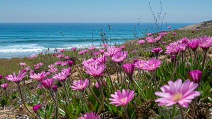 Summer blossoming Atlantic coastline landscape with pink flowers (Los Castros beach, Spain).