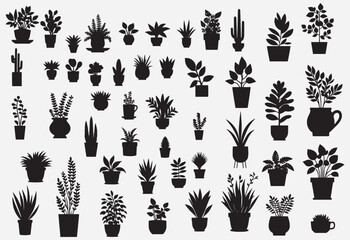 Vector illustration. Large set of flower plants in pots. Silhouette big set. - obrazy, fototapety, plakaty