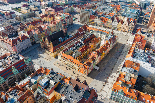 Aerial panoramic view of Wroclaw Market Square. Wroclaw, Poland, Europe