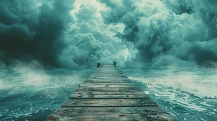 Foto op Canvas a pier in the middle of a large body of water with a bunch of clouds in the sky above it. © Olga