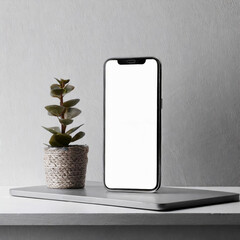  UI UX mockup Smartphone image with blank transparent screen, standing on a table or shelf with a real wall. For application and website presentations, promotions, advertising, products, business
