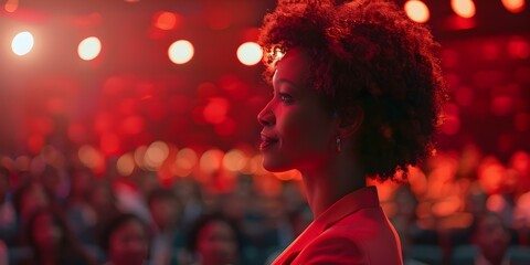 Black businesswoman exuding confidence while delivering keynote address to diverse audience on stage. Concept Keynote Address, Black Businesswoman, Confidence, Diverse Audience, Stage Presentation - obrazy, fototapety, plakaty