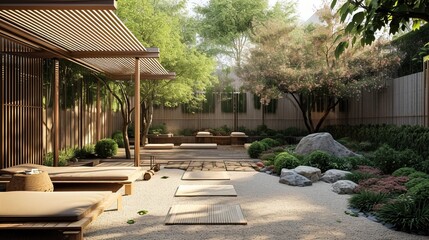 Japandi Rooftop Garden: Rooftop garden with Japanese garden features and Scandinavian-style lounge areas.


