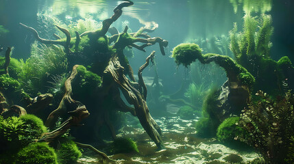 an underwater aquascape within an aquarium.