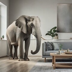 An elephant in a minimalist living room, Funny animal image 