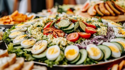 a platter of salad with hard boiled eggs, cucumbers, tomatoes, onions, and lettuce.
