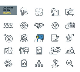 Action plan web icon set in line style. Analysis, plan, schedule, strategy, collaboration, check, collection. Vector illustration