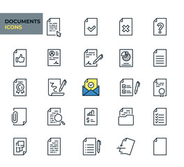Document web icons in line style. Certificate, clipboard, archive, approved, invoice, collection. Vector illustration