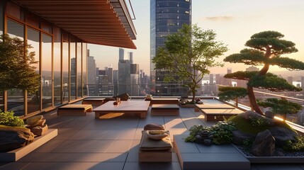 Naklejka premium Japandi rooftop lounge with modular seating, bonsai trees, and panoramic city views