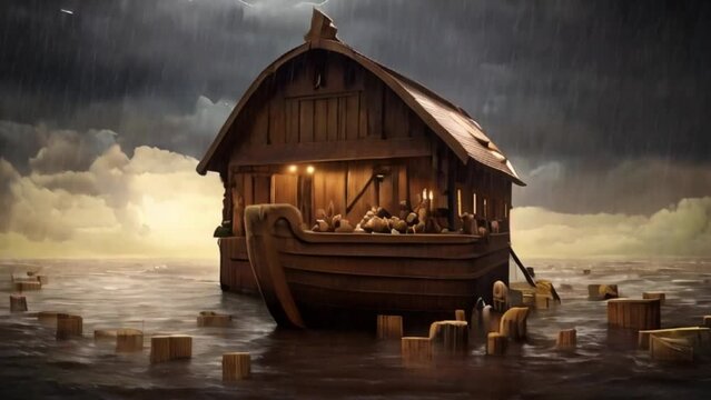 wooden boat in the sea , Noah's Ark amidst the pouring rain during the flood created with generative ai