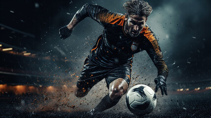 Soccer players in action on the sunset stadium background panorama - 762815932