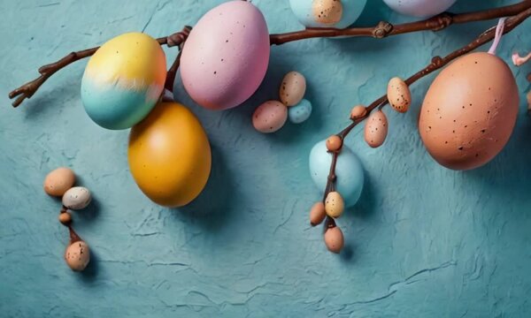 Hanging pastel painted easter eggs on a branch, blue textured wall - Happy Easter holiday celebration feast holiday traditional spring decoration - background generative ai
