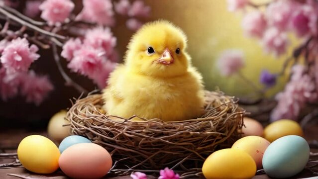 A fluffy yellow chick, surrounded by colorful Easter eggs and flowering tree branches, nestles comfortably in a warm, sun-drenched nest created with generative ai	
