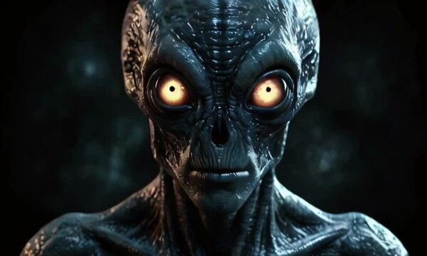 alien with large glowing hypnotic eyes and textured skin against a black void background. science fiction, ufology and hypnosis, alien abduction, and supernatural themes created with generative ai	