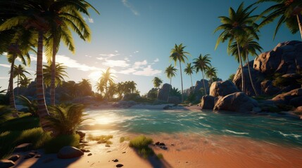 Rocky beach with palm trees against a backdrop of blue sky and water