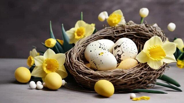 Easter holiday celebration greeting - White yellow easter eggs in a bird nest basket and yellow daffodils flower created with generative ai	
