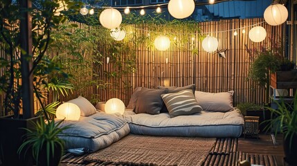 Japandi rooftop terrace with bamboo fencing, floor cushions, and lantern string lights


 - obrazy, fototapety, plakaty
