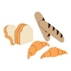 Various types of bread. Vector illustration in flat style with breakfast theme. Editable vector illustration.