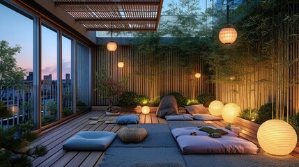 Japandi rooftop terrace with bamboo fencing, floor cushions, and lantern string lights


 - obrazy, fototapety, plakaty