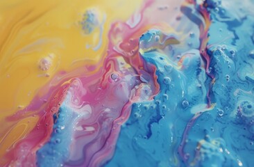 a close up view of a fluid painting with blue, yellow, pink, and purple swirls on it.