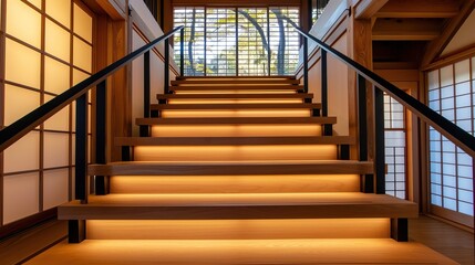 Japandi staircase with wooden steps, black handrails, and shoji screen accents