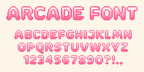 Pixel video game font. 8-bit symbols. Isolated Vector Letters And Numbers. Oldschool retro nostalgic typeface. © Daria